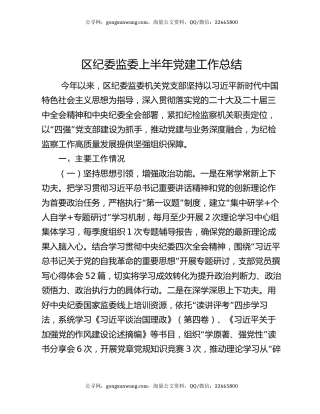 区纪委监委上半年党建工作总结