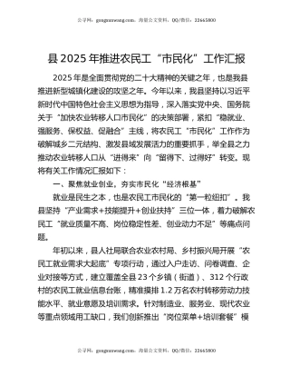 县2025年推进农民工“市民化”工作汇报