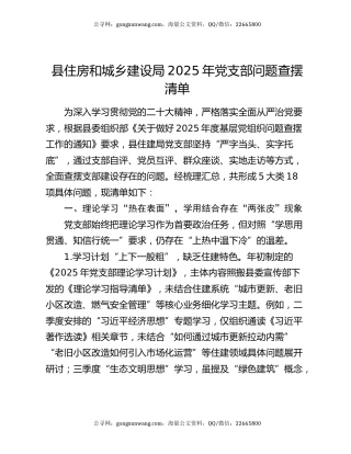县住房和城乡建设局2025年党支部问题查摆清单