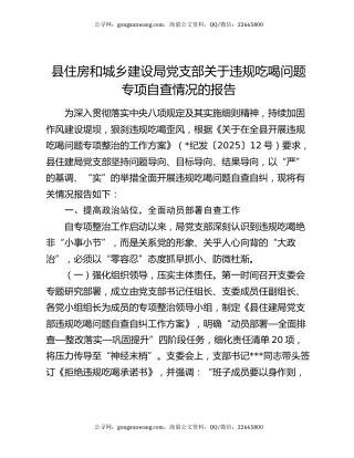 县住房和城乡建设局党支部关于违规吃喝问题专项自查情况的报告