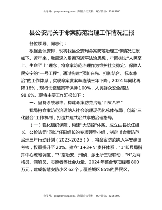 县公安局关于命案防范治理工作情况汇报