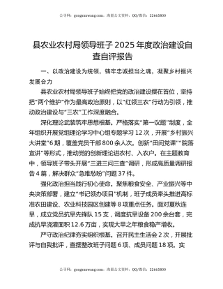 县农业农村局领导班子2025年度政治建设自查自评报告