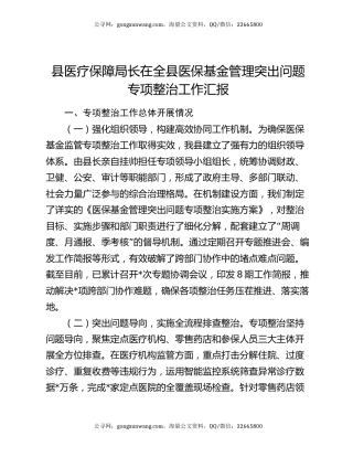 县医疗保障局长在全县医保基金管理突出问题专项整治工作汇报