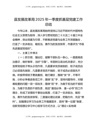 县发展改革局2025年一季度抓基层党建工作总结