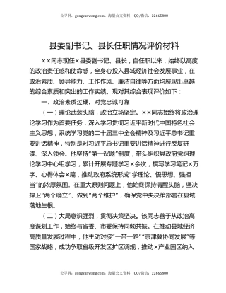 县委副书记、县长任职情况评价材料