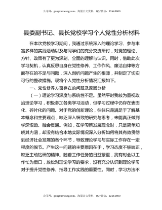 县委副书记、县长党校学习个人党性分析材料