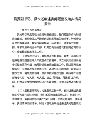 县委副书记、县长述廉述责问题整改落实情况报告