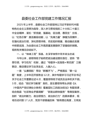 县委社会工作部党建工作情况汇报