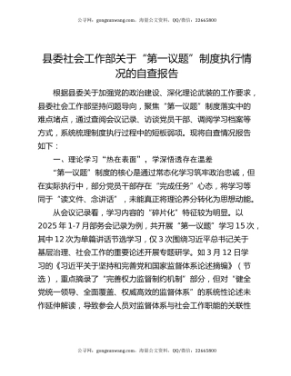 县委社会工作部关于“第一议题”制度执行情况的自查报告