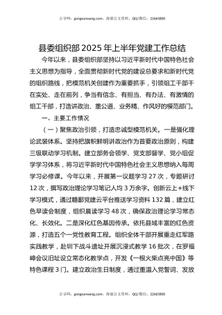 县委组织部2025年上半年党建工作总结