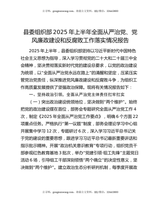 县委组织部2025年上半年全面从严治党、党风廉政建设和反腐败工作落实情况报告