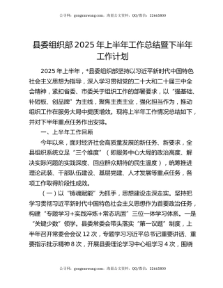 县委组织部2025年上半年工作总结暨下半年工作计划