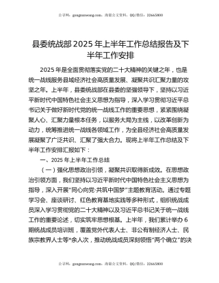 县委统战部2025年上半年工作总结报告及下半年工作安排