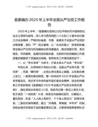 县委编办2025年上半年全面从严治党工作报告