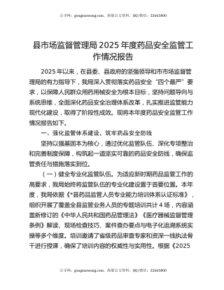 县市场监督管理局2025年度药品安全监管工作情况报告