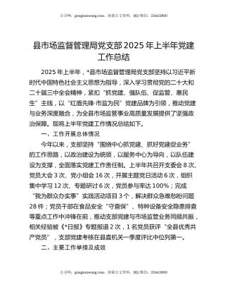 县市场监督管理局党支部2025年上半年党建工作总结