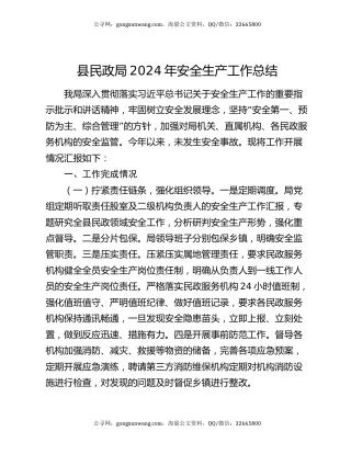 县民政局2024年安全生产工作总结