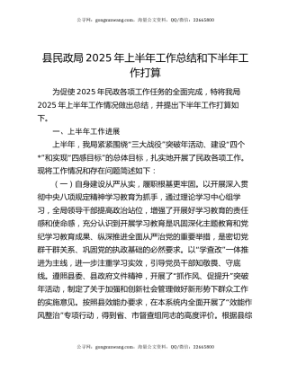 县民政局2025年上半年工作总结和下半年工作打算