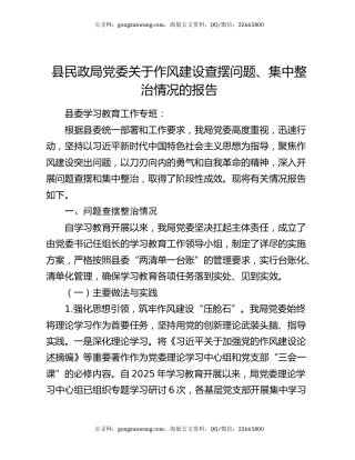 县民政局党委关于作风建设查摆问题、集中整治情况的报告