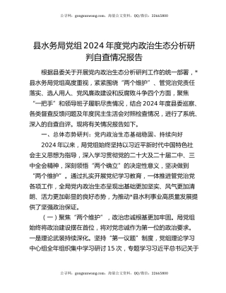 县水务局党组2024年度党内政治生态分析研判自查情况报告