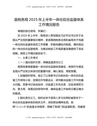 县税务局2025年上半年一体化综合监督体系工作情况报告