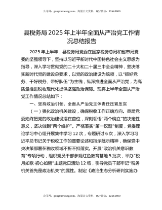 县税务局2025年上半年全面从严治党工作情况总结报告
