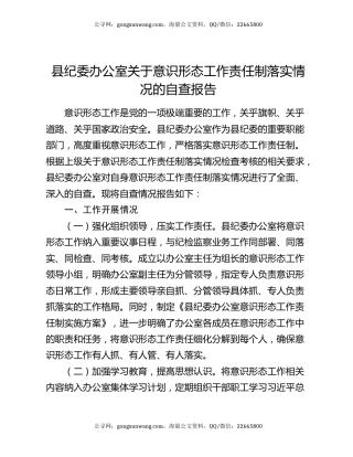 县纪委办公室关于意识形态工作责任制落实情况的自查报告