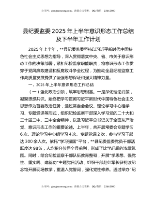 县纪委监委2025年上半年意识形态工作总结及下半年工作计划