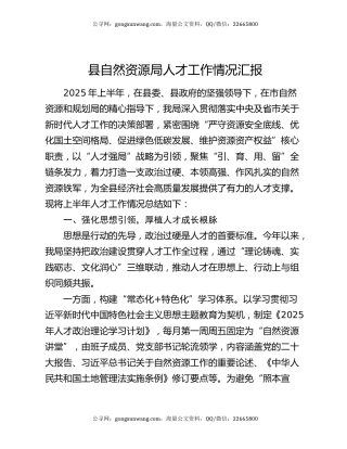 县自然资源局人才工作情况汇报