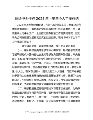 国企党办主任2025年上半年个人工作总结
