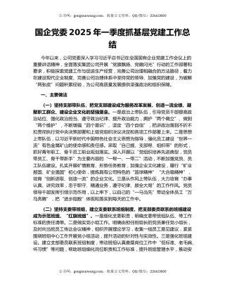 国企党委2025年一季度抓基层党建工作总结