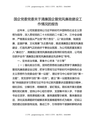 国企党委党委关于清廉国企暨党风廉政建设工作情况的报告