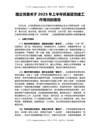 国企党委关于2025年上半年抓基层党建工作情况的报告