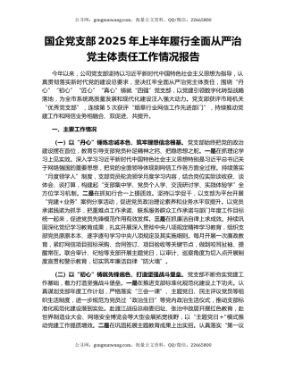 国企党支部2025年上半年履行全面从严治党主体责任工作情况报告