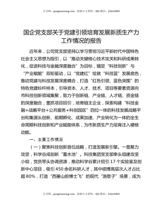 国企党支部关于党建引领培育发展新质生产力工作情况的报告