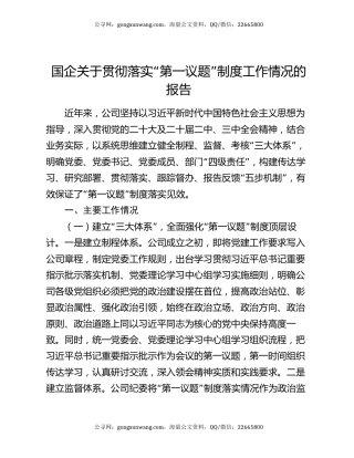 国企关于贯彻落实“第一议题”制度工作情况的报告