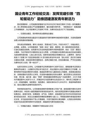 国企青年工作经验交流：发挥党建引领“四轮驱动力”助推团建激发青年新活力