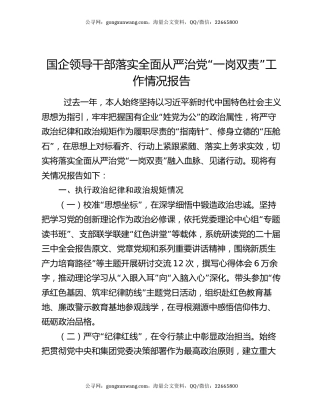 国企领导干部落实全面从严治党“一岗双责”工作情况报告
