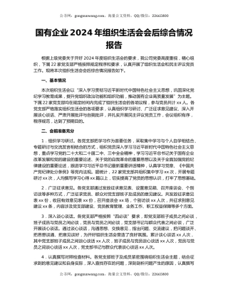 国有企业2024年组织生活会会后综合情况报告