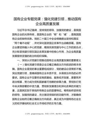 国有企业专题党课：强化党建引领，推动国有企业高质量发展