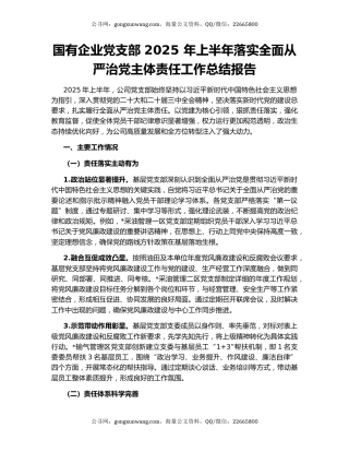 国有企业党支部 2025 年上半年落实全面从严治党主体责任工作总结报告