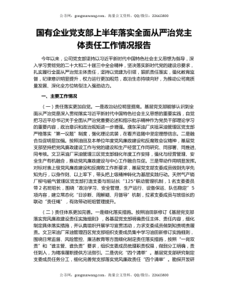 国有企业党支部上半年落实全面从严治党主体责任工作情况报告
