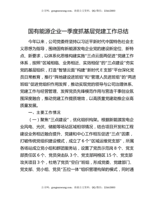 国有能源企业一季度抓基层党建工作总结