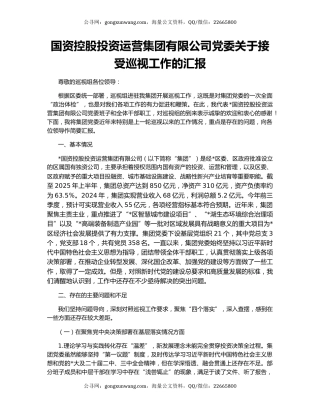 国资控股投资运营集团有限公司党委关于接受巡视工作的汇报
