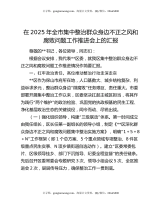 在2025年全市集中整治群众身边不正之风和腐败问题工作推进会上的汇报