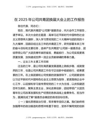 在2025年公司共青团换届大会上的工作报告