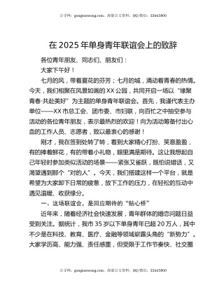 在2025年单身青年联谊会上的致辞