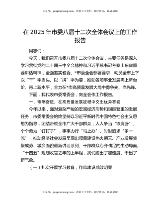 在2025年市委八届十二次全体会议上的工作报告