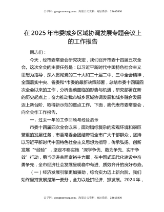 在2025年市委城乡区域协调发展专题会议上的工作报告