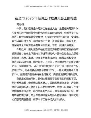 在全市2025年经济工作推进大会上的报告